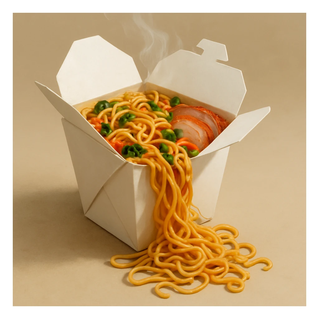 ramen in a takeout box, noodles spilling out sticker