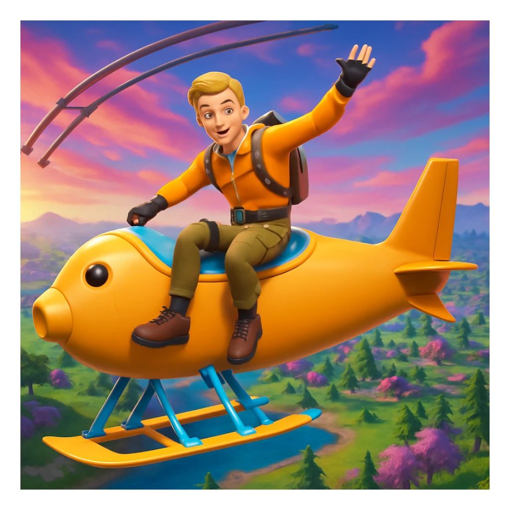 Add a Fortnite glider drop background behind John Pork, including a colorful sky and terrain typical of Fortnite's vibrant and playful style. sticker