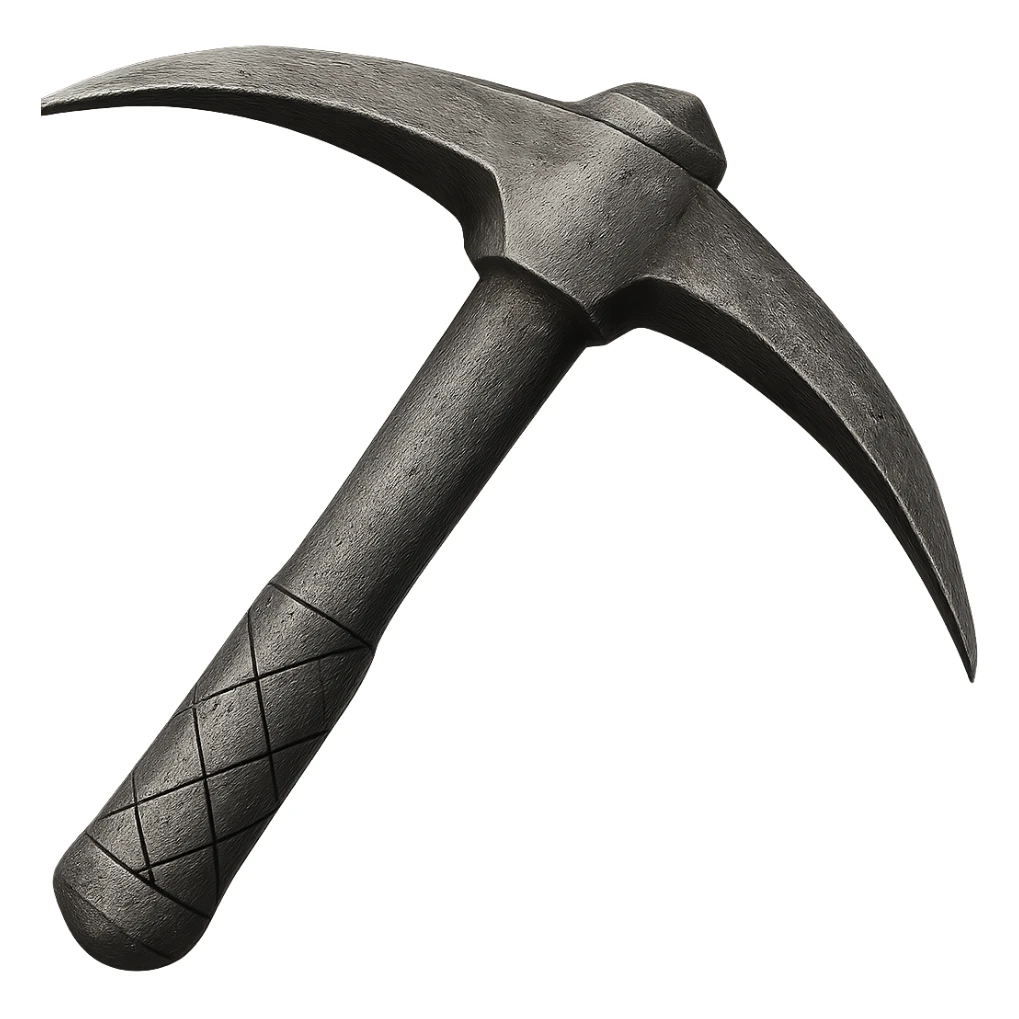 Recolor this bronze pickaxe to a slightly worn iron, keep the same shape, realistic metallic iron, emoji style, transparent background. sticker