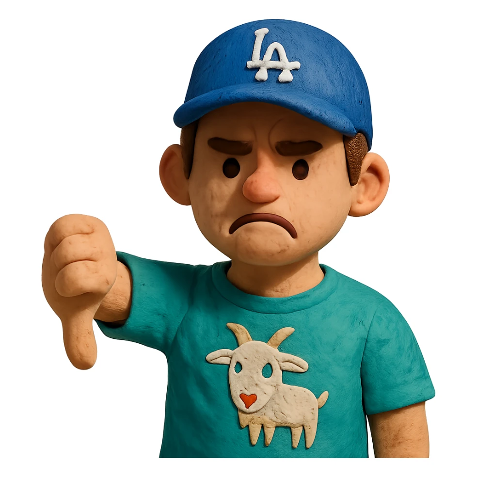 young man with a goat t-shirt, Dodgers hat, giving a thumbs down, claymation style sticker