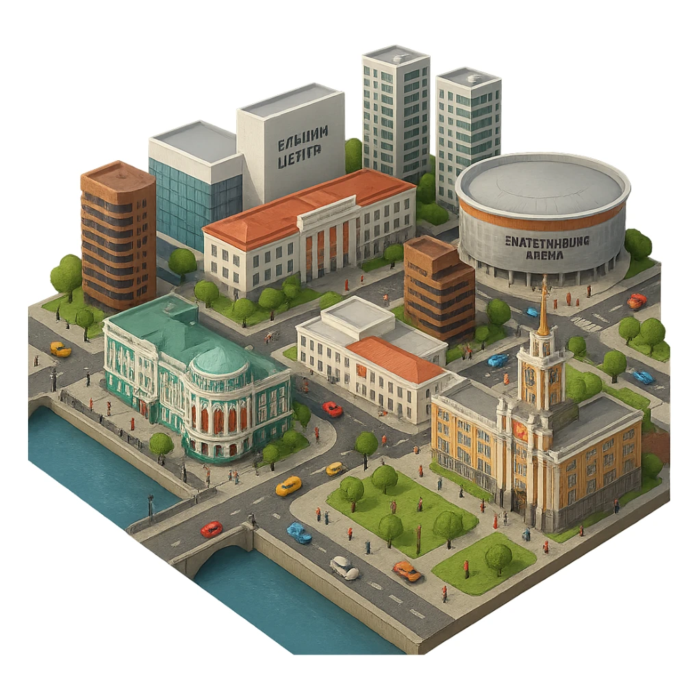 Изометричная миниатюрная фотореалистичная 3D модель Екатеринбурга - Дом Севастьянова, Ельцин-центр, Уральский федеральный университет, дома, Екатеринбург Арена, Медный дом, Здание Свердловского городского совета народных депутатов четкая детализация, яркие цвета, мультяшный реализм, люди, автотранспорт, компактная композиция, вид сверху в изометрии, прозрачный фон sticker