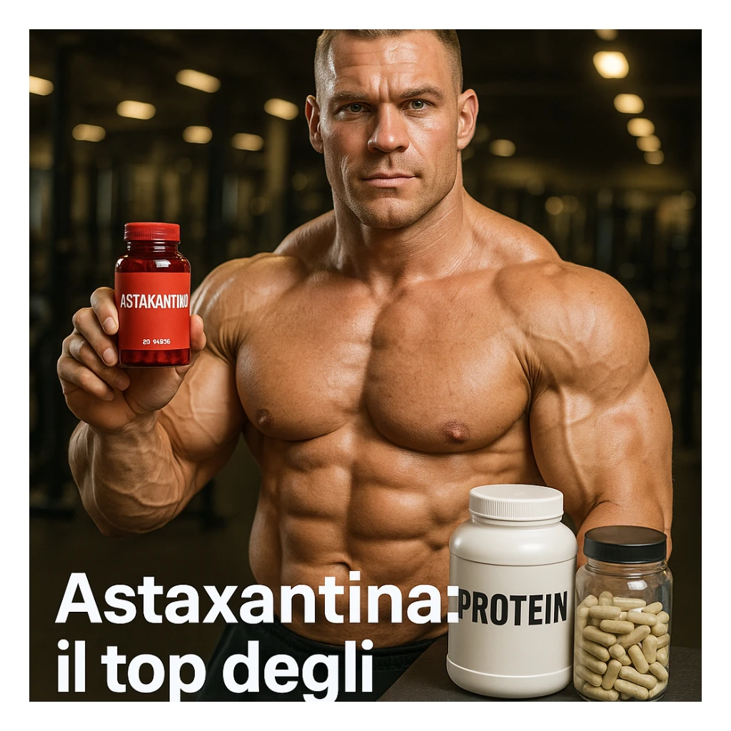 hyper realistic bodybuilder showing red bottle of astaxanthin next to supplements, defined muscles, text 'Astaxantina: il top degli antiossidanti', gym environment, motivational atmosphere sticker
