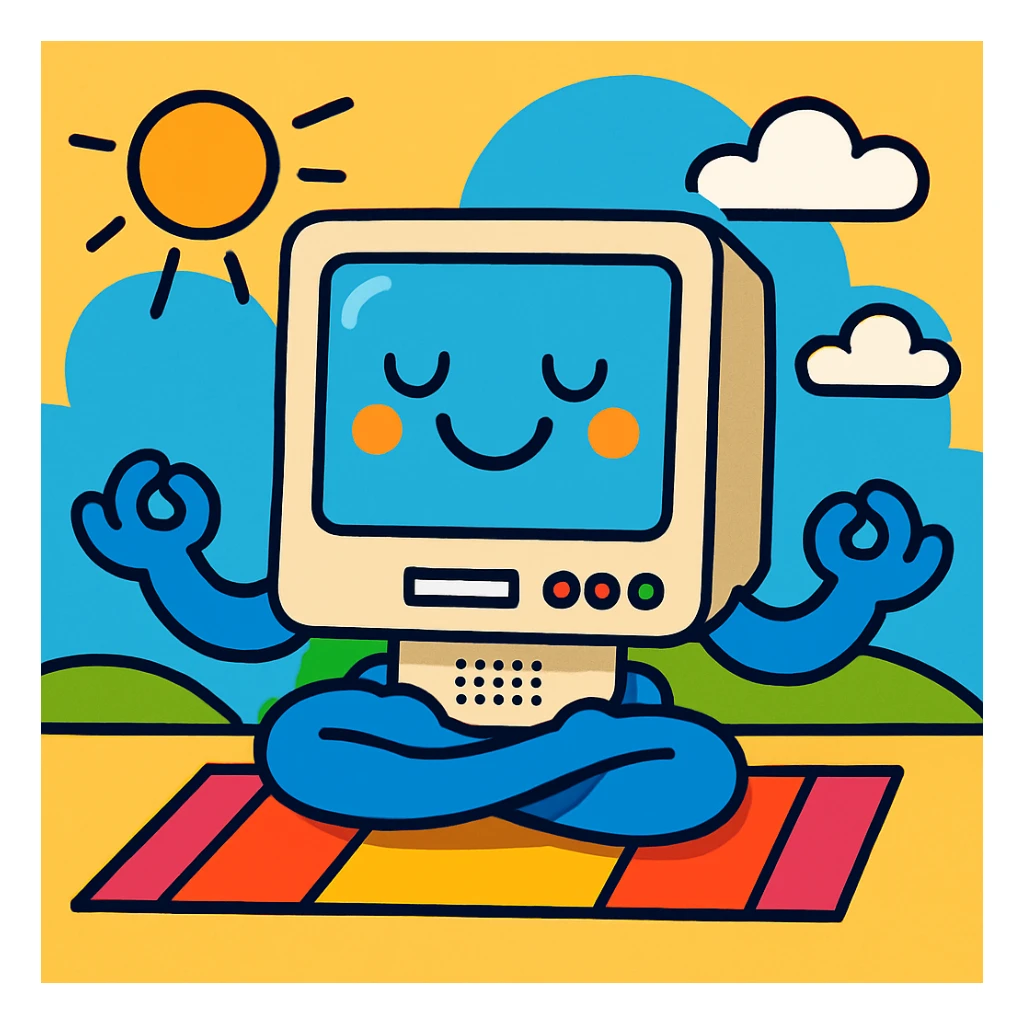 a computer doing yoga, vibrant cartoon style sticker