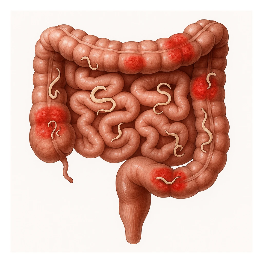realistic image of human intestine, infographic style, presence of stylized parasites and reddened inflamed zones, anatomical details, white background sticker