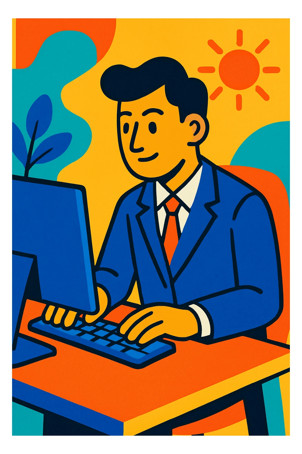 A person in a business suit working on a computer sticker