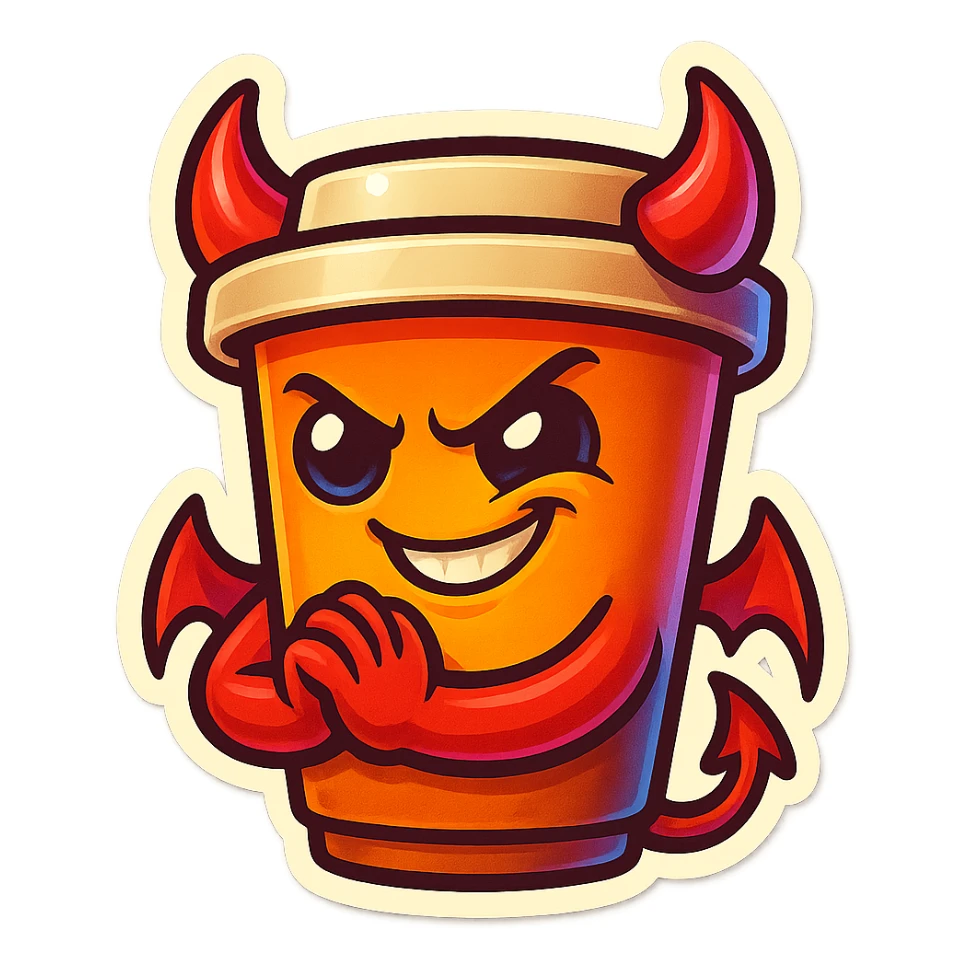 Tall coffee cup, devil horns, smirking, evil, rubbing hands together sticker