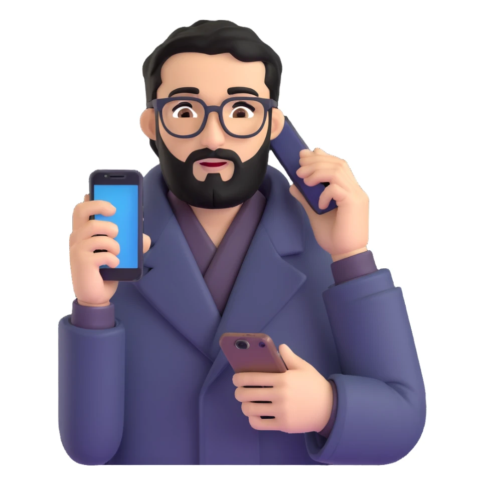 professional man with medium black beard, black hair combed to one side, connected unibrow, olive tan skin, brown eyes, glasses, prominent nose, wearing black coat, holding smartphone to ear in calling position, with subtle office background sticker