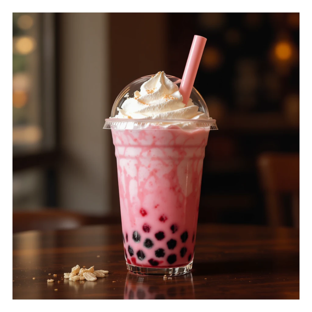 photorealistic elegant pink bubble tea with whipped cream on top, no background sticker