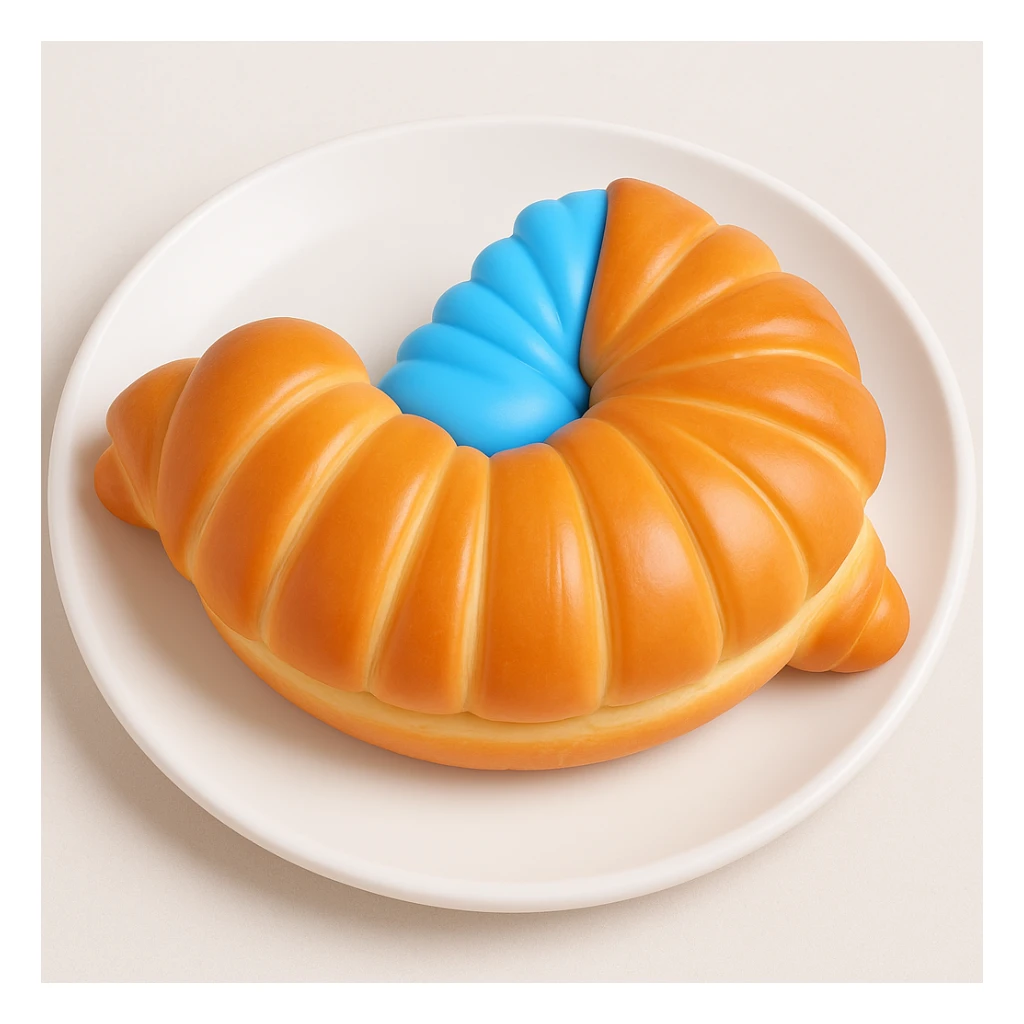 Put the blue Danish croissant on a white plate, keep the original 3D emoji style sticker