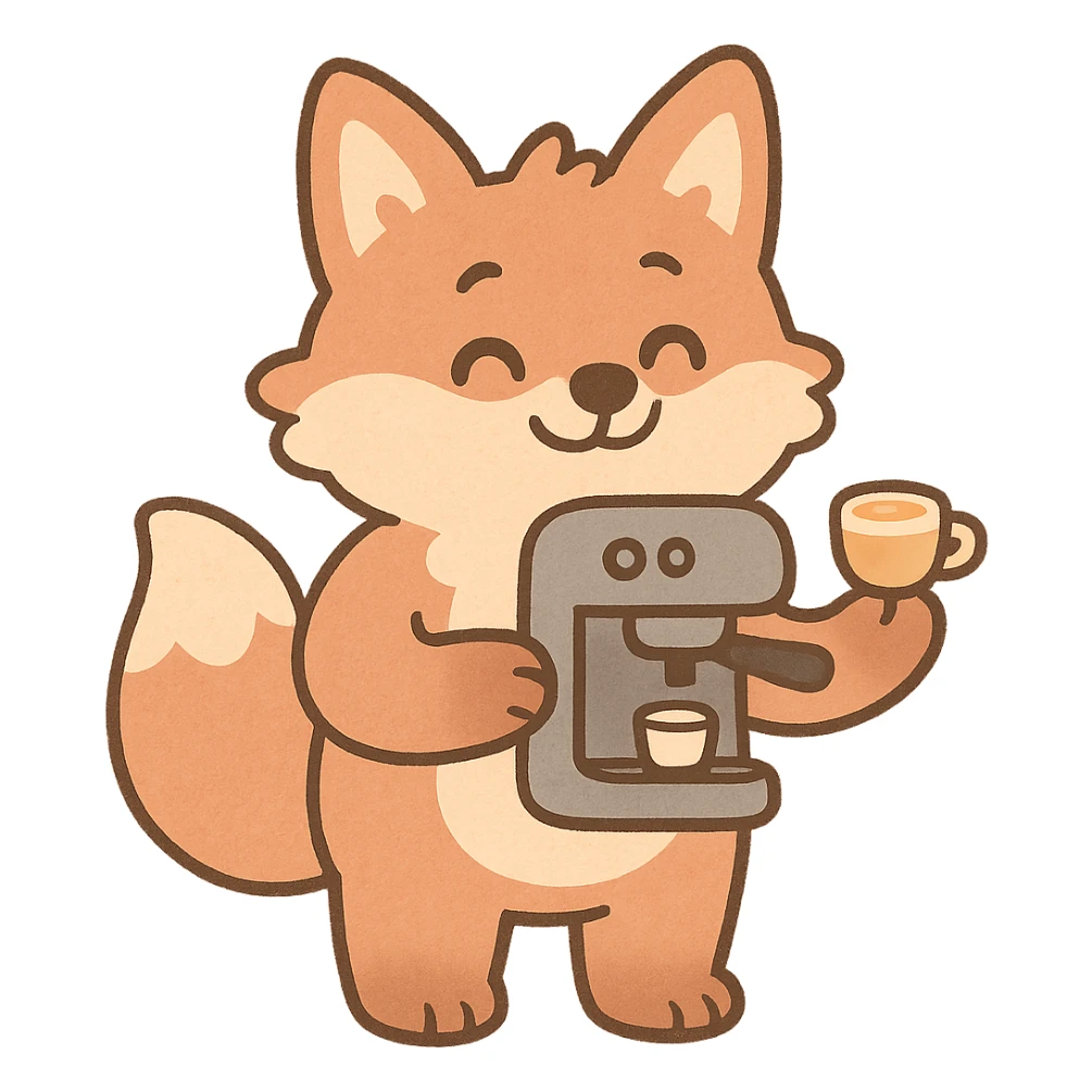 soft pastel style, coffee maker fox, soft fluffy, holding a tiny latte cup, soft pastel brown and beige tones, full-body sticker