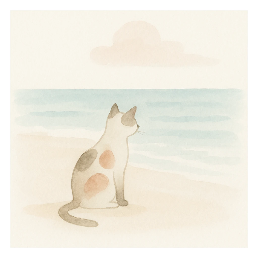 cat on a beach, watercolor style sticker