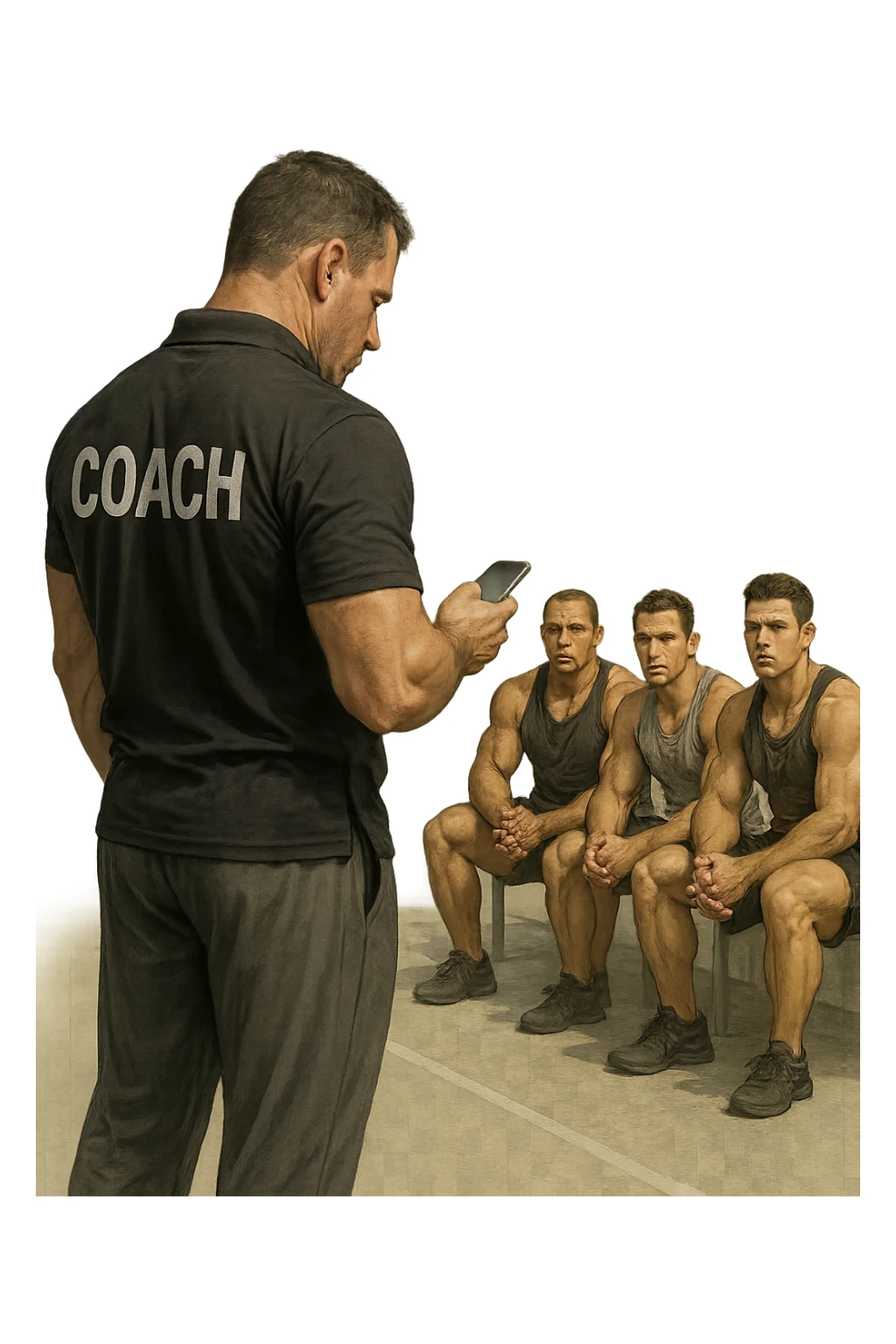 cinematic a bodybuilding coach is seen far away on the sidelines, partially turned away from the team or group, engaged in another activity (like reading, texting, or talking on the phone), while the athletes look toward them for support or instruction. The distance between coach and team is visually clear, symbolizing lack of presence. in italiano sticker