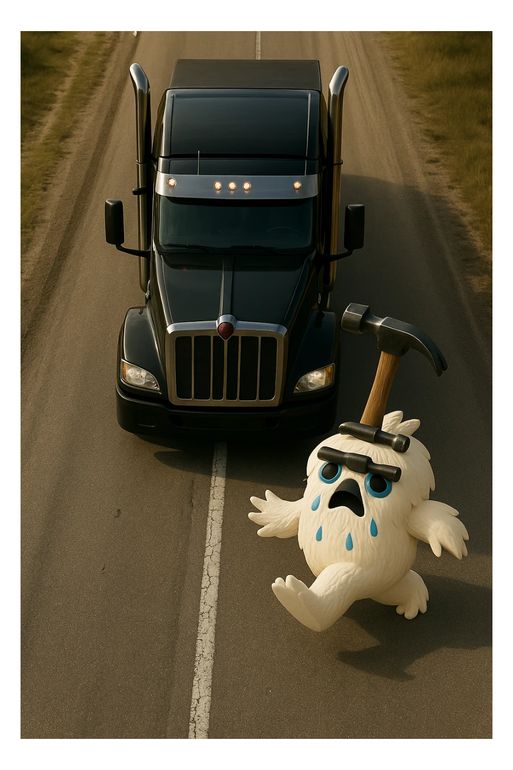 Add a hammer on top of the abominable snowman's head, keep the scene realistic, top-down view, no text. sticker