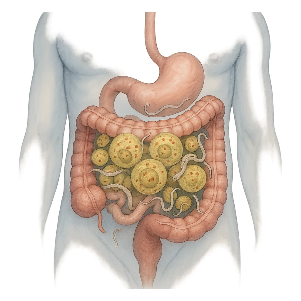 semi-realistic transparent abdomen with blastocystis dominating the microbiome, tapeworms and hookworms less prominent, medical illustration sticker