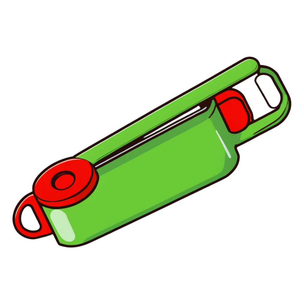 manual can opener with red plastic handle and silver metal cutting edge sticker