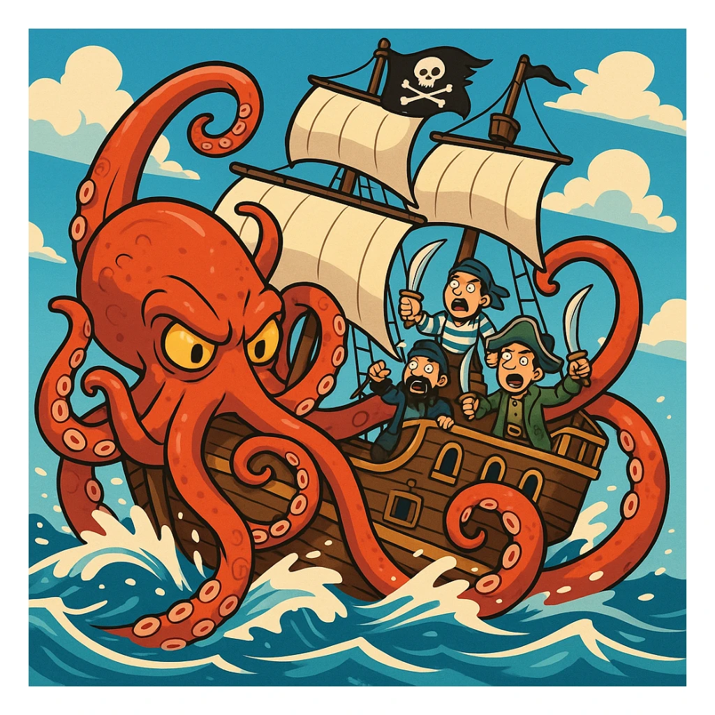 A kraken wrapping its tentacles around a pirate ship, waves crashing, dynamic action, cartoon style sticker