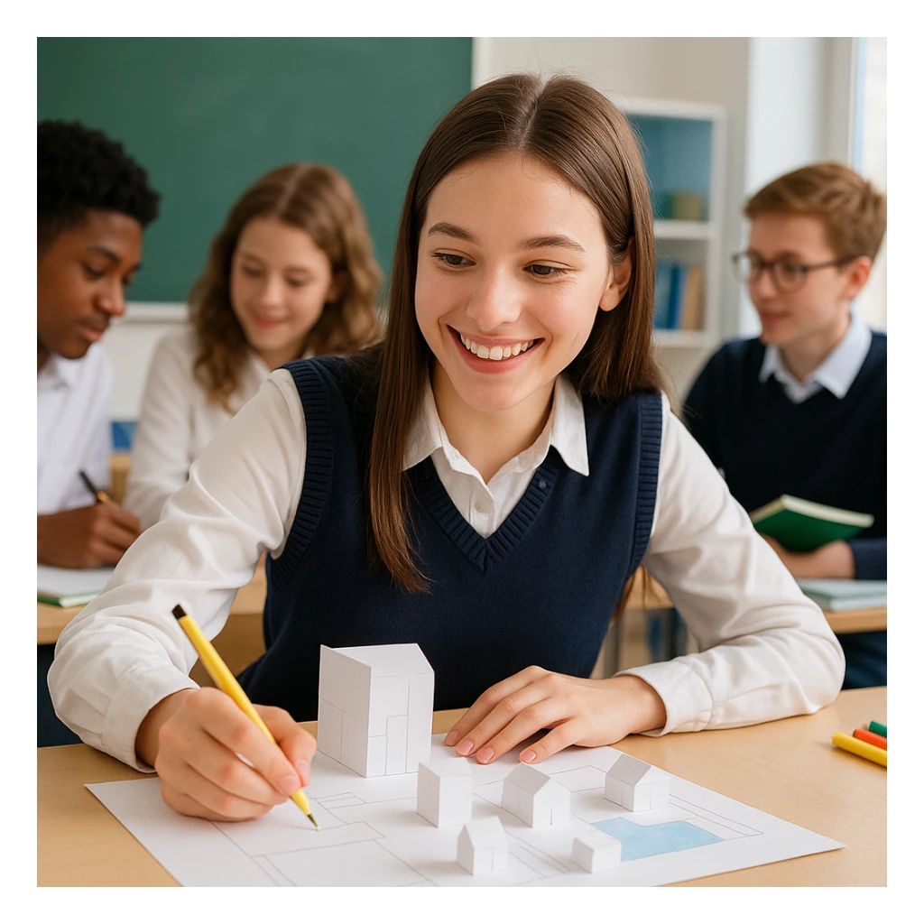 female student wearing white long sleeves and a navy blue vest, smiling and working on a school project, collaborative atmosphere sticker