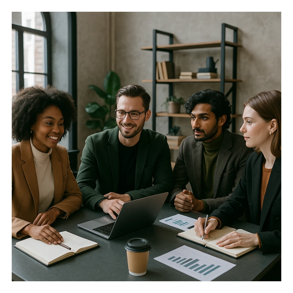 Stylish office team meeting concept with diverse professionals collaborating around a modern table sticker