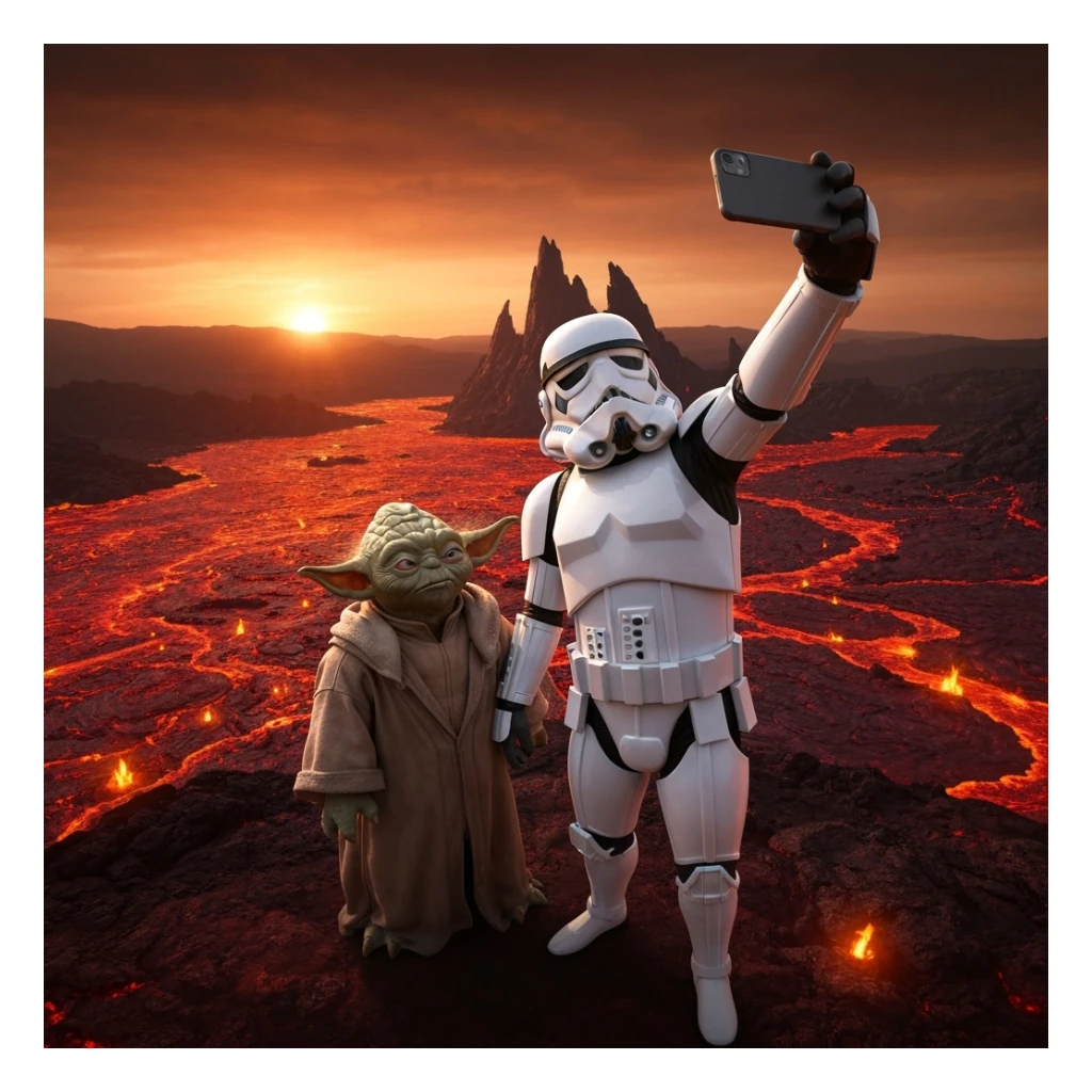 Camera POV, Starwars stormtroopers vlogging selfie, he is walking on lava planet with yoda sticker