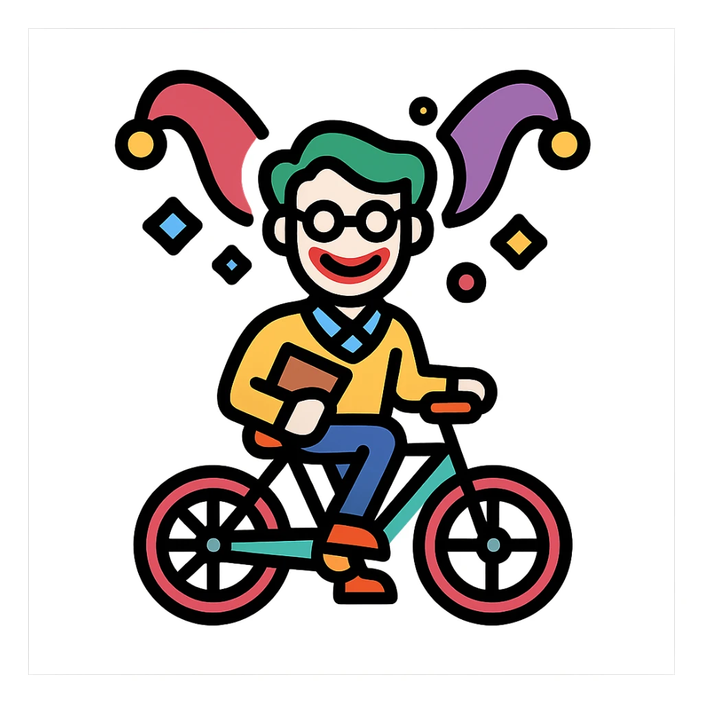 A teacher riding a bike with a joker-like aura sticker