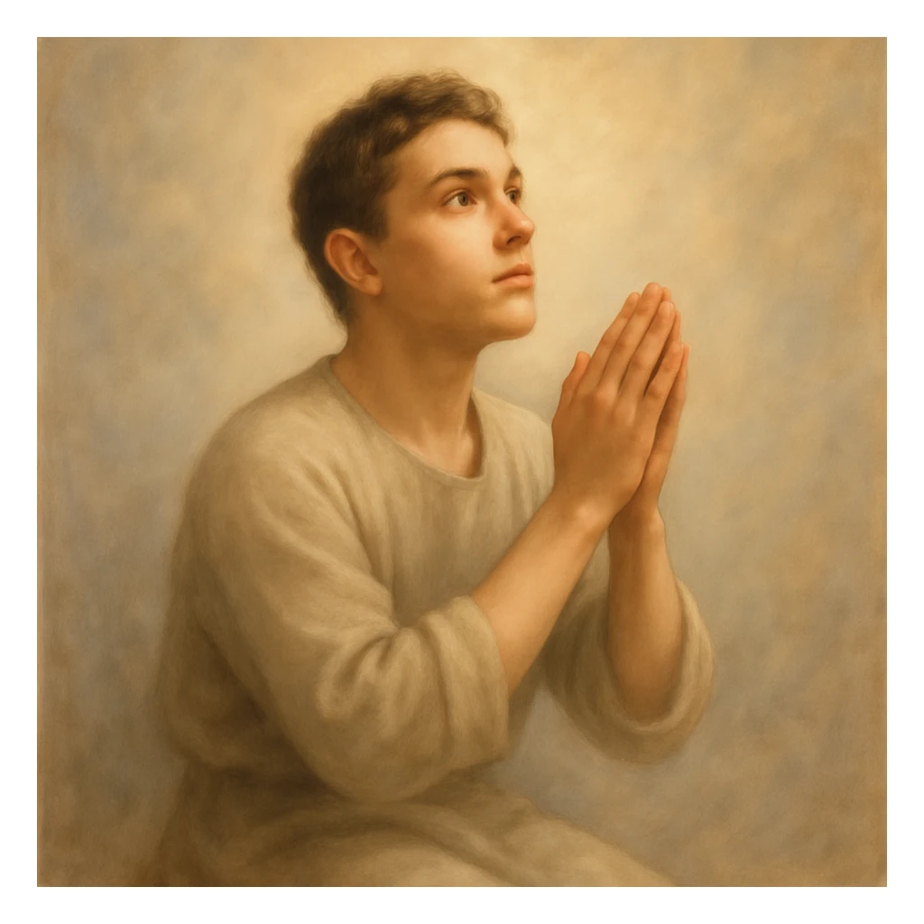 Remove the beard and make the man look 20 years old, keep the praying pose and peaceful expression, maintain the original style and appearance. sticker