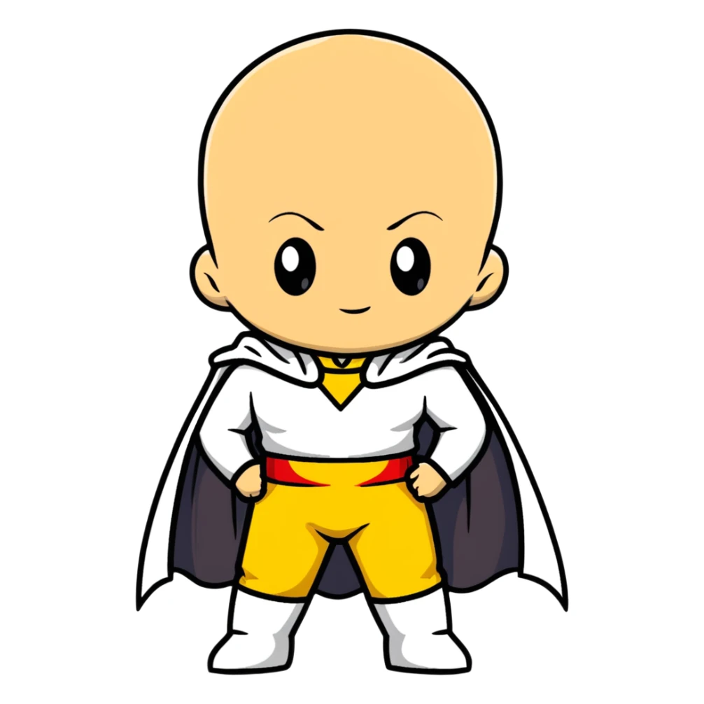 super cute chibi Saitama from One Punch Man with bald head, yellow jumpsuit, white cape and innocent face sticker