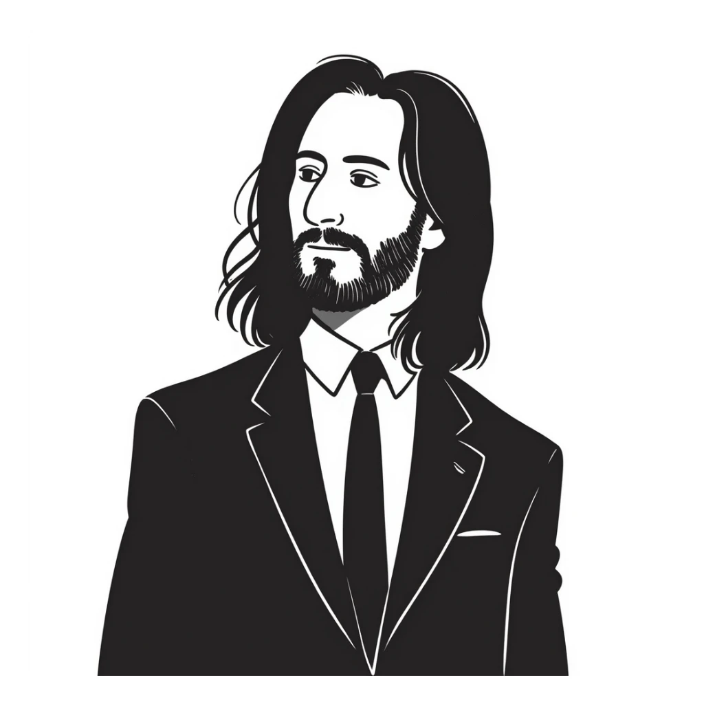 John Wick character in pencil sketch style, wearing a black suit with long dark hair and beard sticker