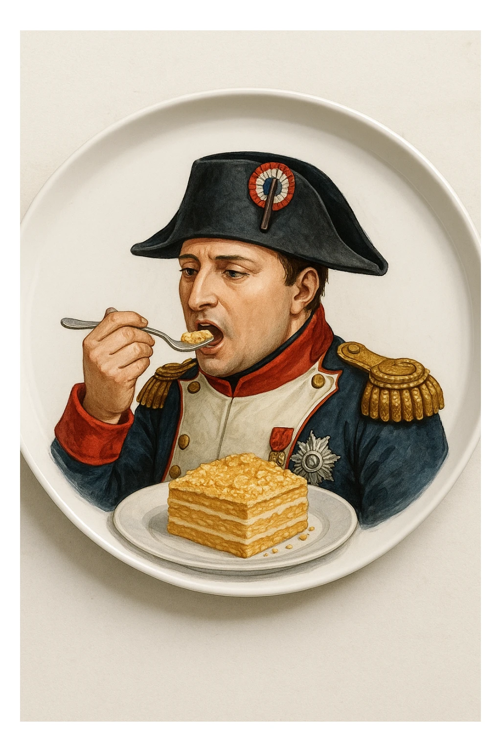 Вид сверху. Круглая белая тарелка полностью помещается в кадр, края не обрезаны. На тарелке — реалистичная иллюстрация: Наполеон Бонапарт в парадной форме аккуратно кладёт себе в рот кусочек торта «Наполеон». Сам торт выглядит аппетитно и аккуратно: ровные слои теста и крема, чистые края, красивая подача.  sticker