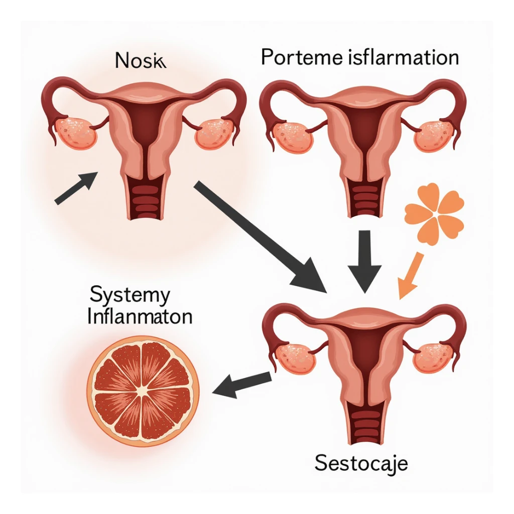 realistic medical diagram showing connection between endometrial inflammation and systemic inflammation, arrows, symbols, warm colors, educational style, white background sticker