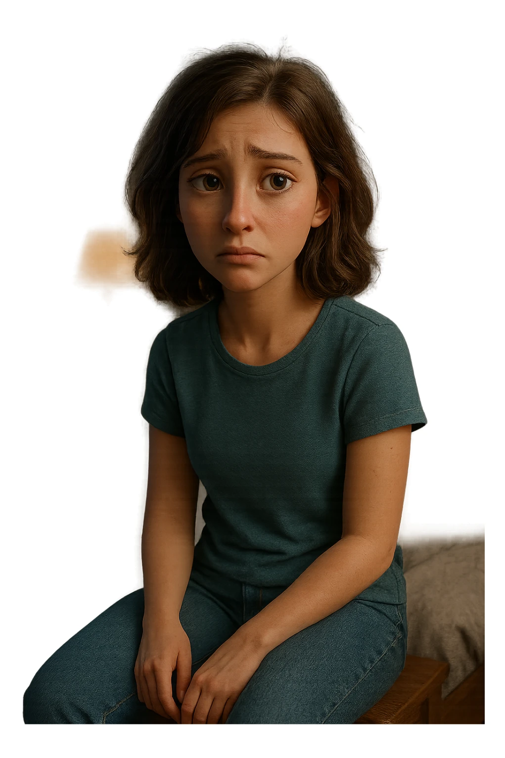 Modello 3D di personaggio femminile in stile Pixar/Blender, anatomia realistica e proporzionata, espressione facciale malinconica ma espressiva, rig per animazioni emotive, texturing skin realistico ma stilizzato, capelli con physics dinamici, vestiti casual modellati con cloth simulation, illuminazione soft e cinematografica, ambiente camera da letto 3D dettagliato, rendering Cycles con subsurface scattering per pelle naturale sticker