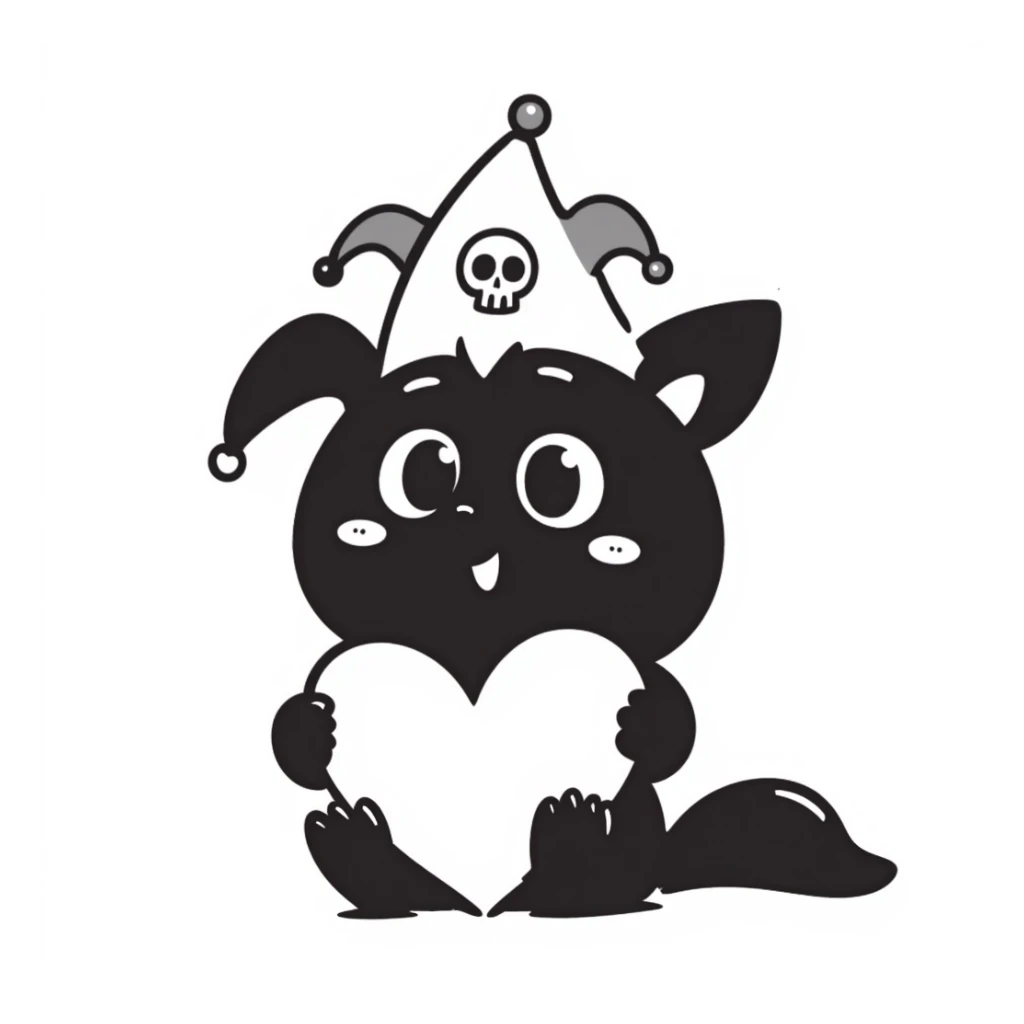 Kuromi character holding a heart, hand drawn doodle style, no background sticker