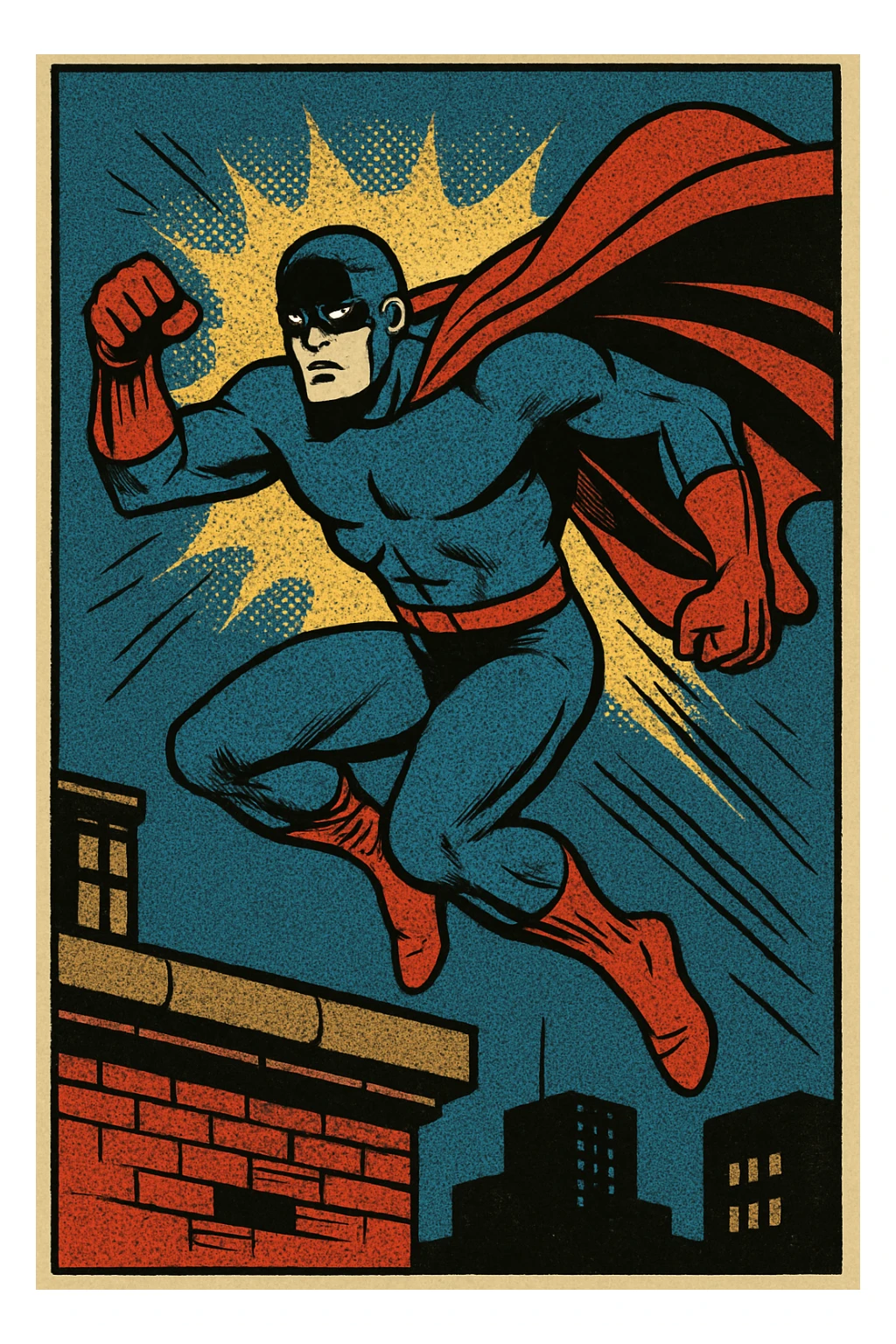 Hero leaping from a rooftop with cape trailing.
 sticker
