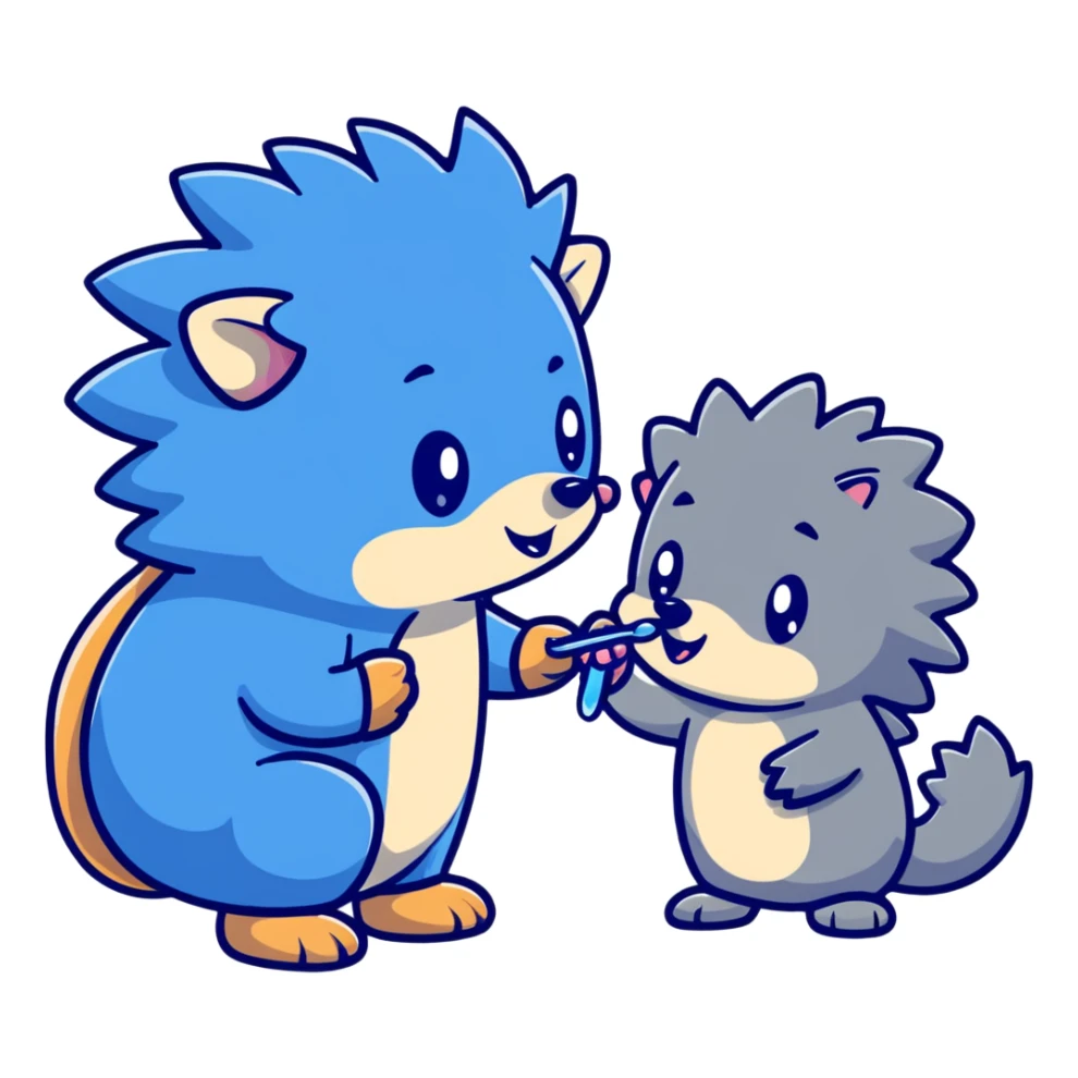 Cute blue hedgehog and silver hedgehog brushing teeth in bathroom sticker