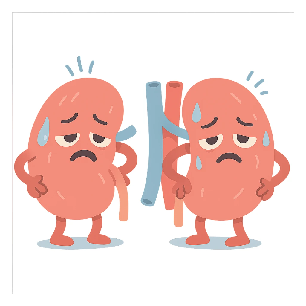 cartoon kidneys with stress lines and sweat, holding their sides, tired eyes, soft blue and pink tones, medical style sticker