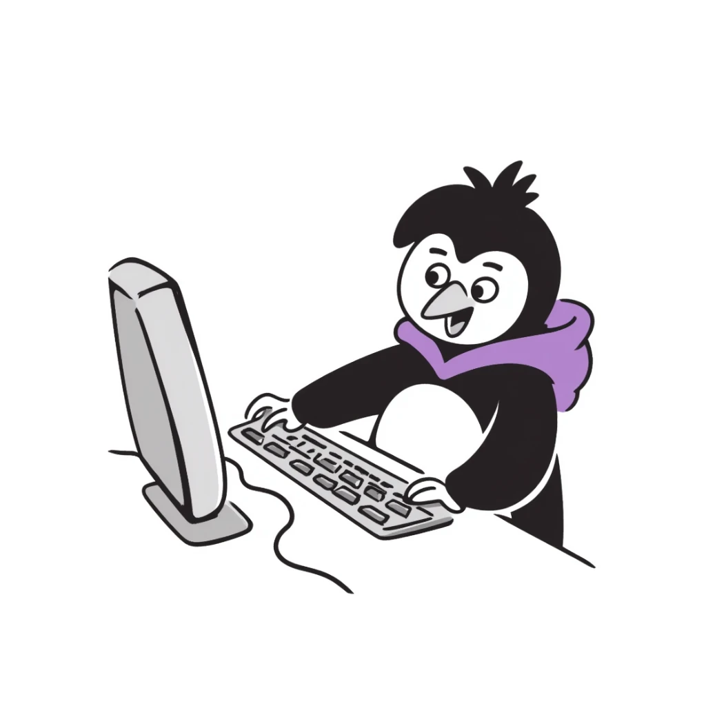 A hand-drawn penguin wearing a purple hoodie typing enthusiastically on a computer keyboard sticker