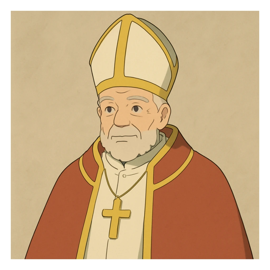 pope, classic religious attire, mitre hat, neutral background, ghibli style sticker