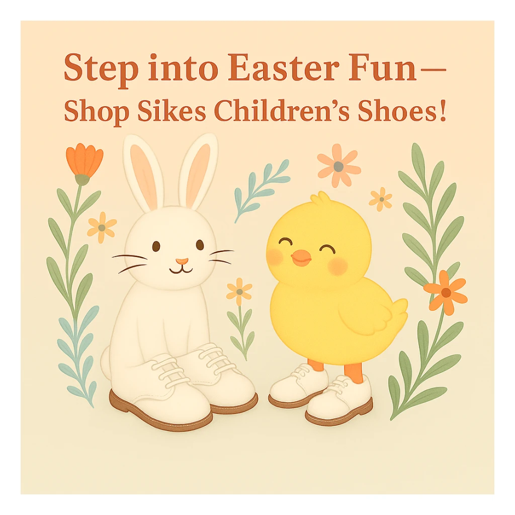 Swap the shoes between the chick and the rabbit in the Easter-themed Instagram post. The chick should now be wearing the classic white lace-up children's shoes, and the rabbit should wear whatever shoes the chick had previously. Keep the pastel background, floral accents, and the headline: 'Step into Easter Fun—Shop Sikes Children’s Shoes!'. No logo present. sticker