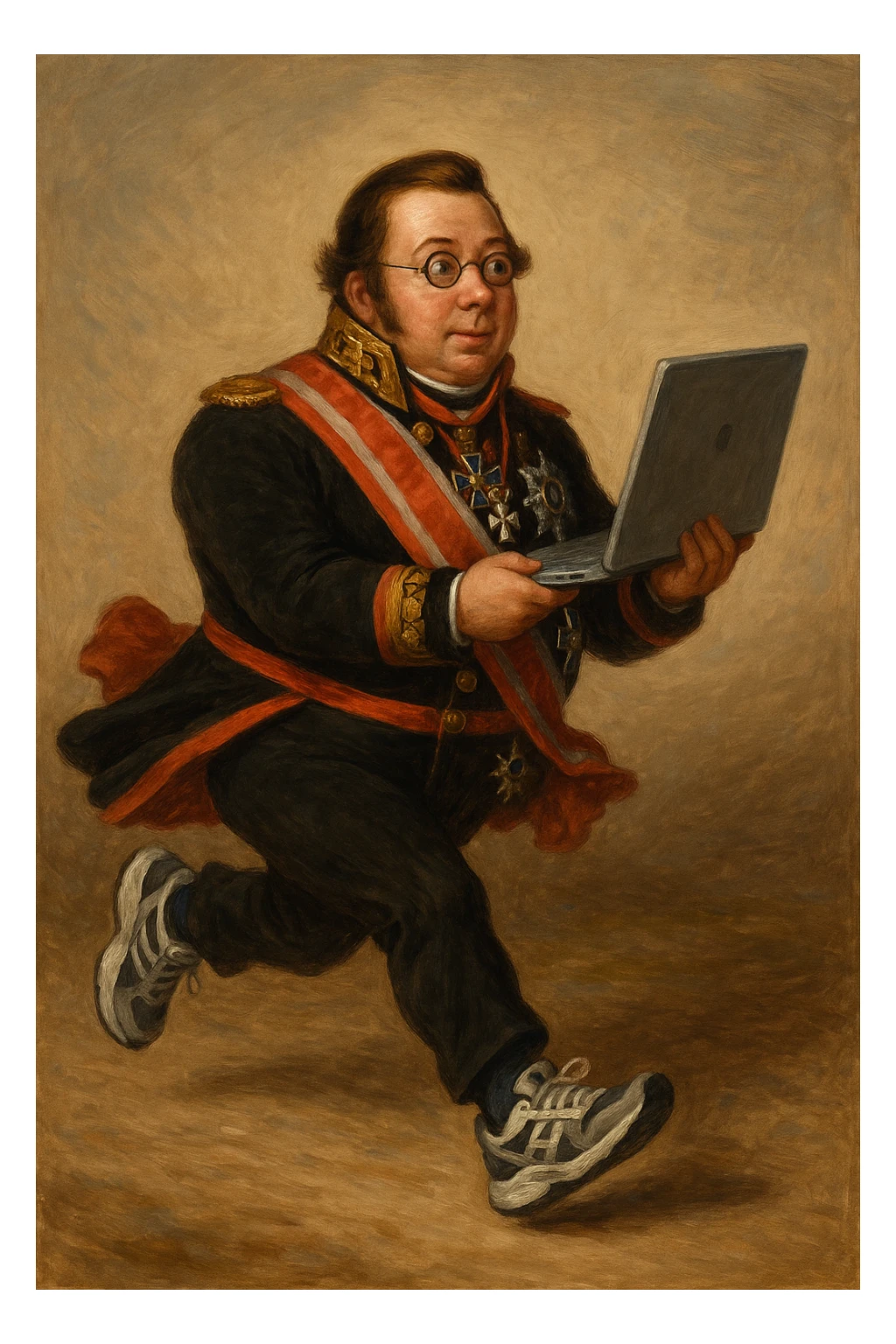 Павел Николаевич Демидов в своем костюме но при этом в кроссовка но с ноутбуком в руках бежит вперед, рисованный стиль sticker