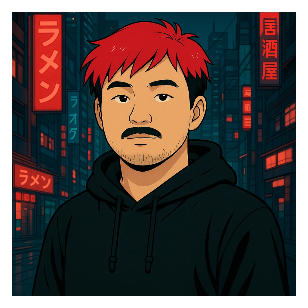 Asian man with a bit round face, less mustache, and a bit of beard, red hair, black hoodie, Japanese cyberpunk anime style, futuristic city background sticker