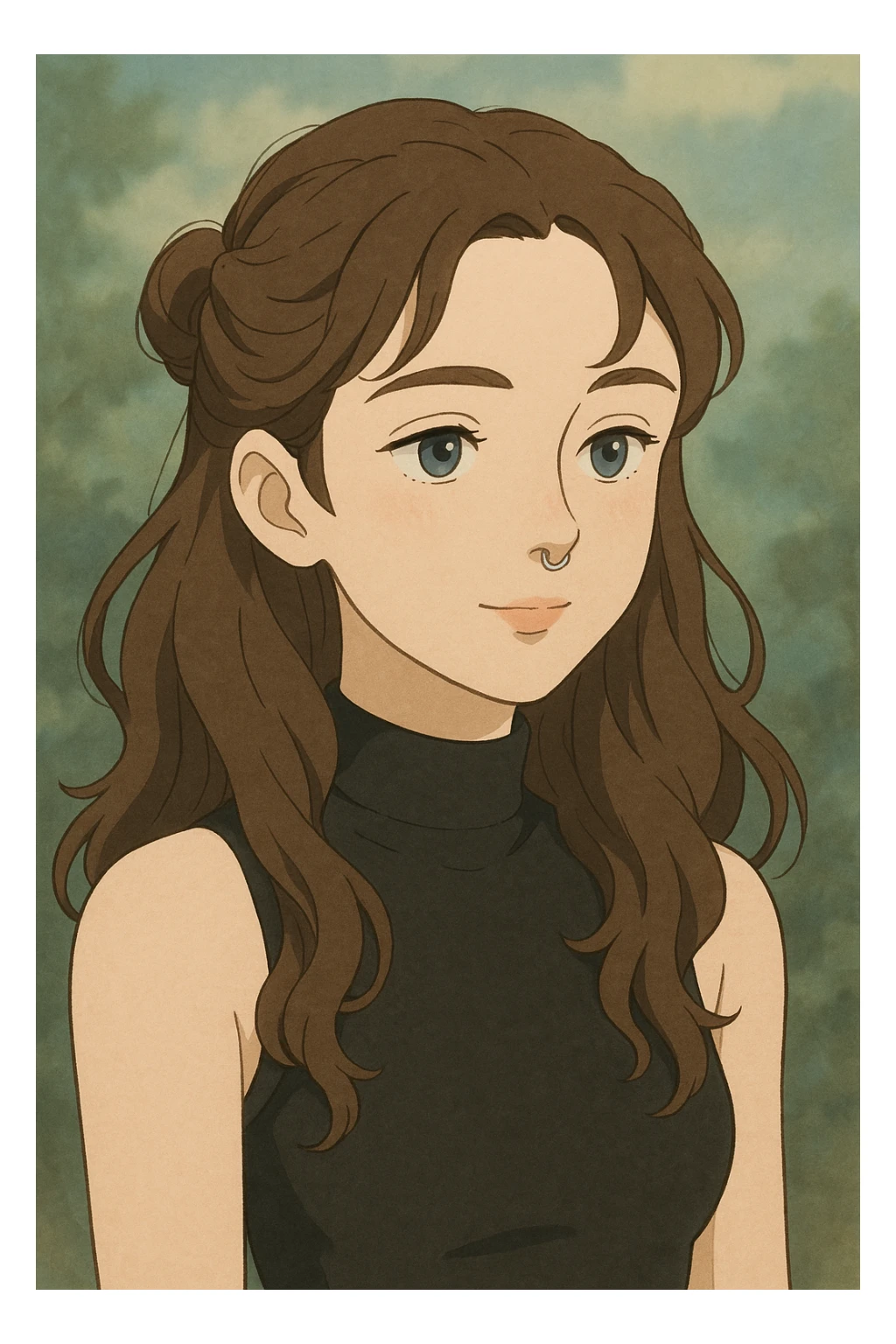 character with brunette half-up long wavy hair, blue-grey eyes, black high neck tank top, and a septum piercing, soft ghibli-inspired style sticker