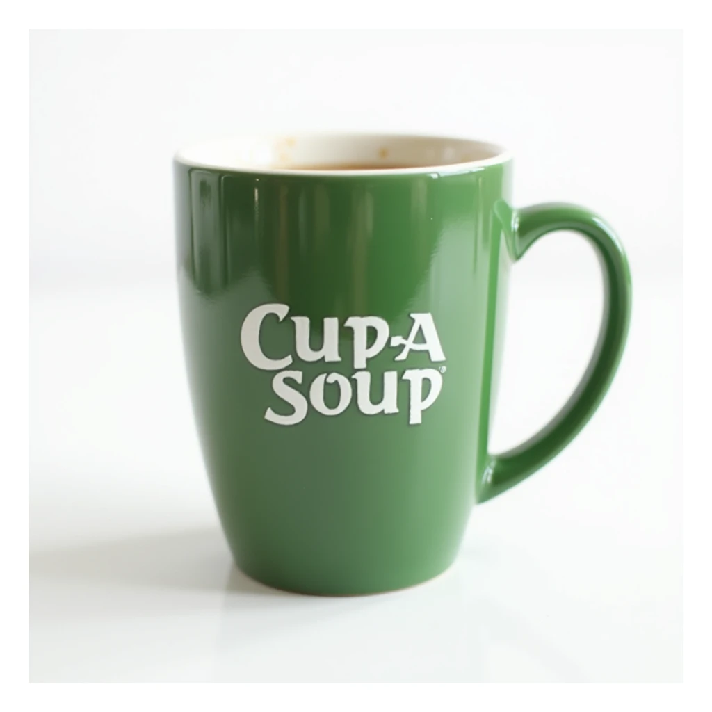 photorealistic green mug featuring the Cup A Soup logo, white background, realistic lighting sticker