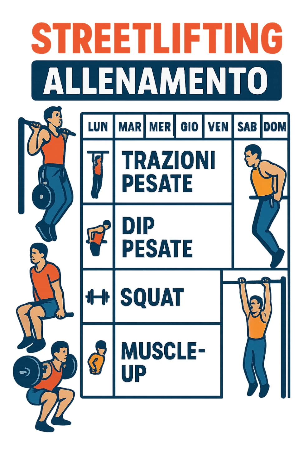 a streetlifting training sheet with icons for each exercise—weighted pull-ups, weighted dips, squats, muscle-ups—organized in a weekly schedule. Around the sheet, small illustrations show athletes performing each movement with proper form. The color palette is bold and energetic, and the background is clean and minimal. in italiano sticker