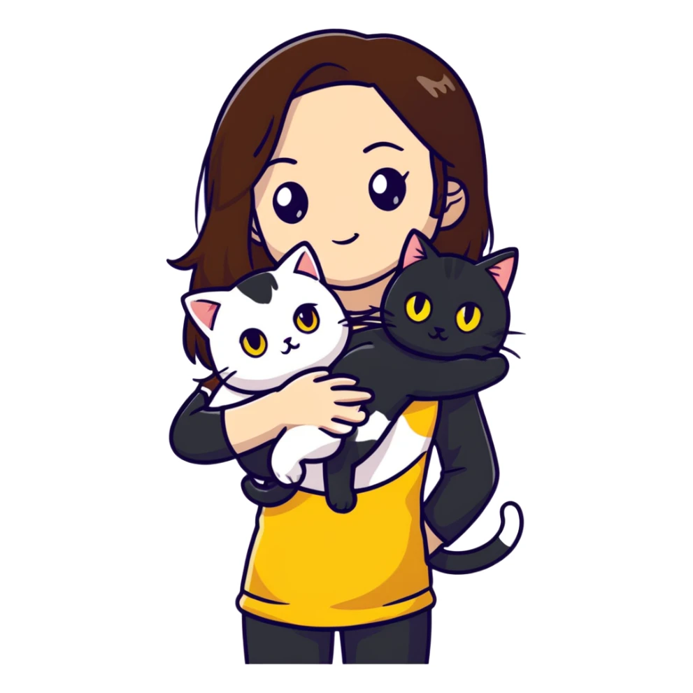 Brown straight-haired girl with black top, white cat with yellow eyes, and calico cat sticker