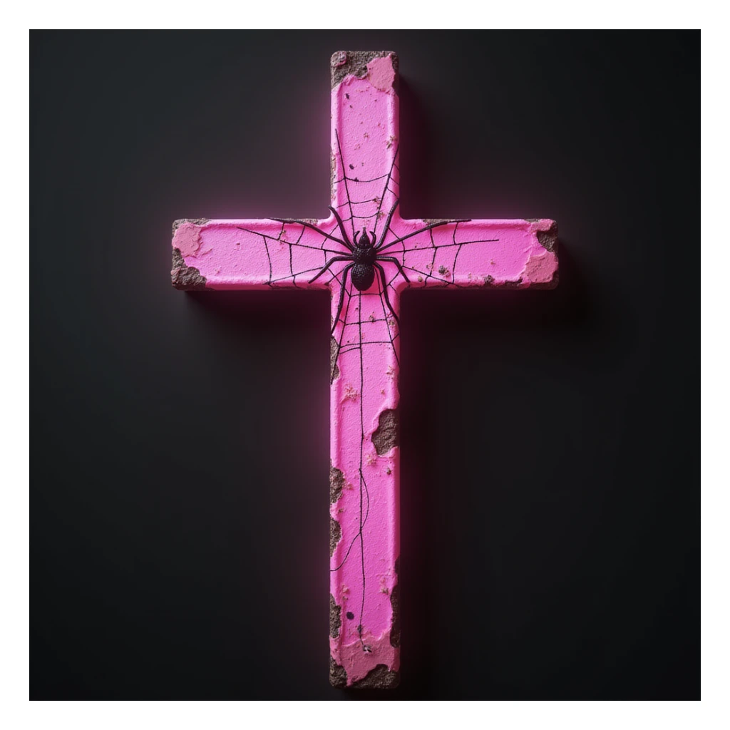 realistic gothic cross, pink with a spiderweb motif, photorealistic style sticker