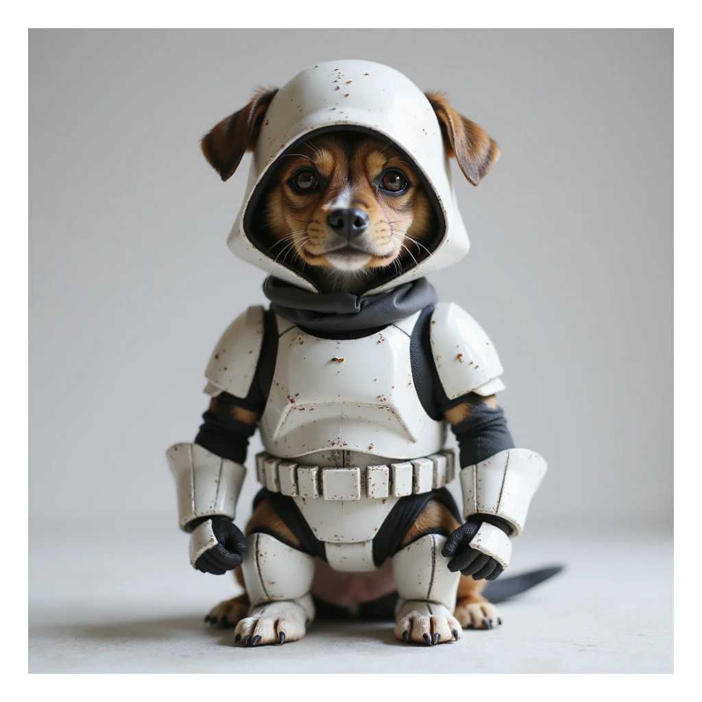 realistic dog in a stormtrooper helmet and armor, standing, photorealistic style sticker