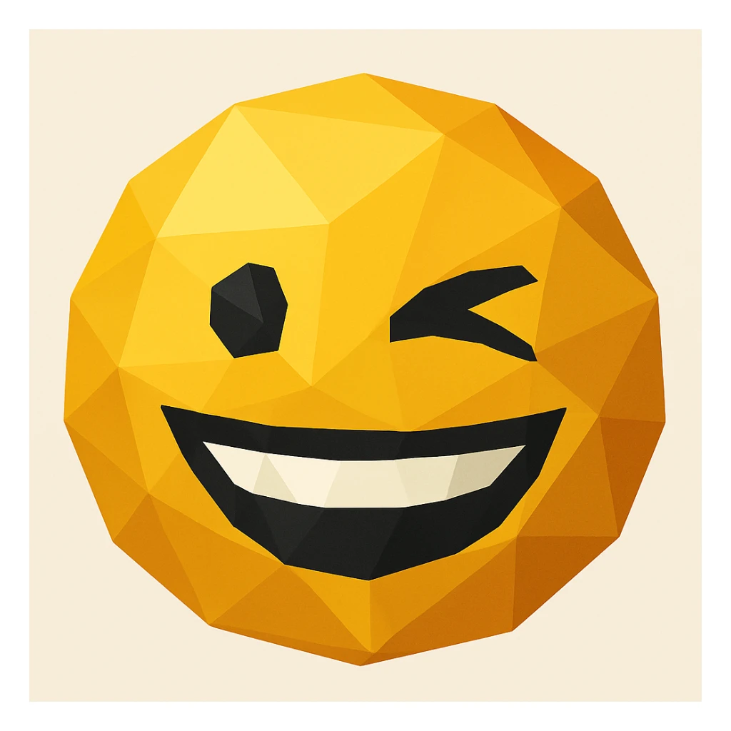 Make the smiling face emoji wink, keeping the geometric 2D style with polygonal shapes and facets. sticker