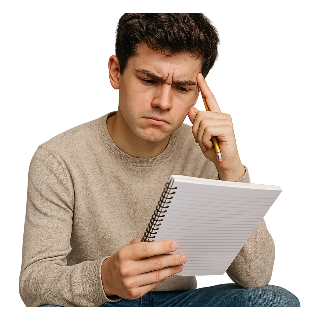 realistic style student thinking about a question, frowning while looking at notebook, thoughtful sticker