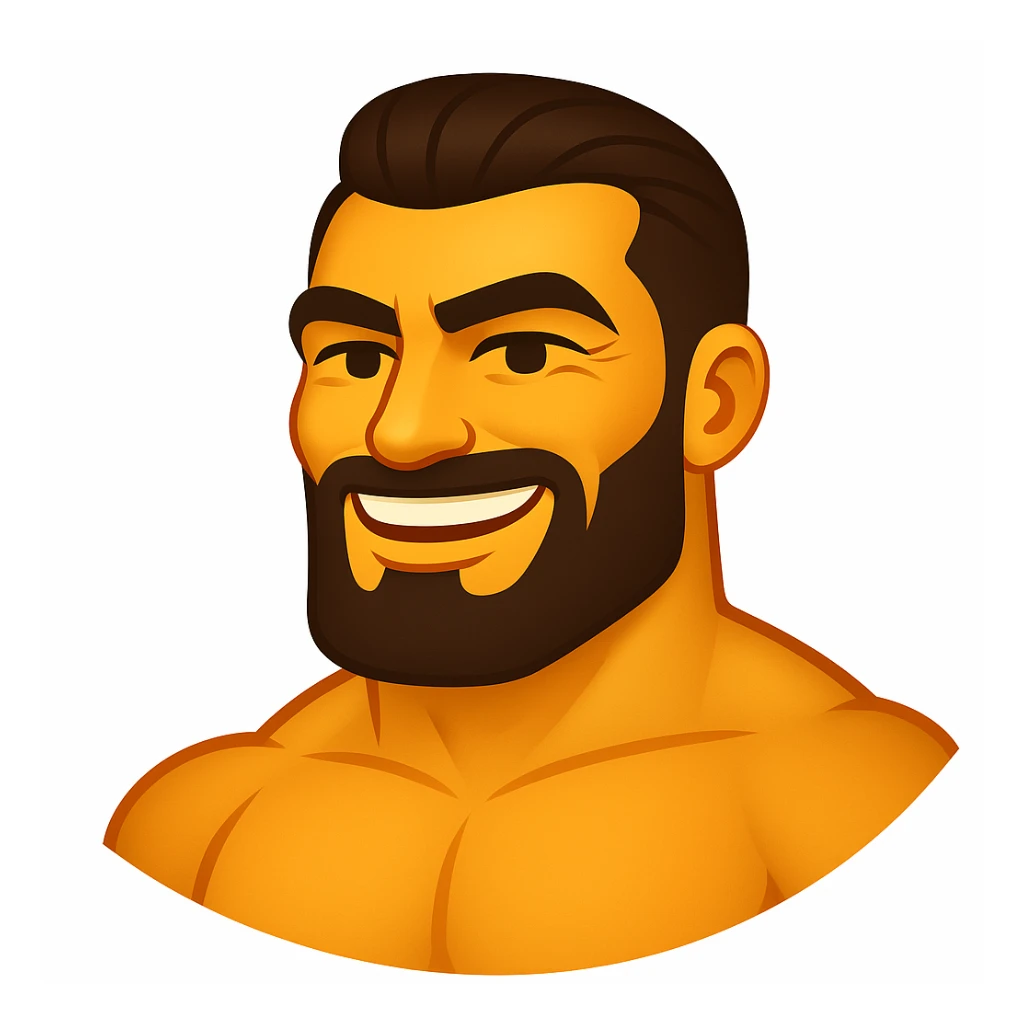 Create a gigachad emoji inspired by the reference image of a muscular man with a chiseled jawline and confident smile, in the style of apple emojis. The emoji should be simplified and expressive, capturing the essence of the apple emoji style. sticker