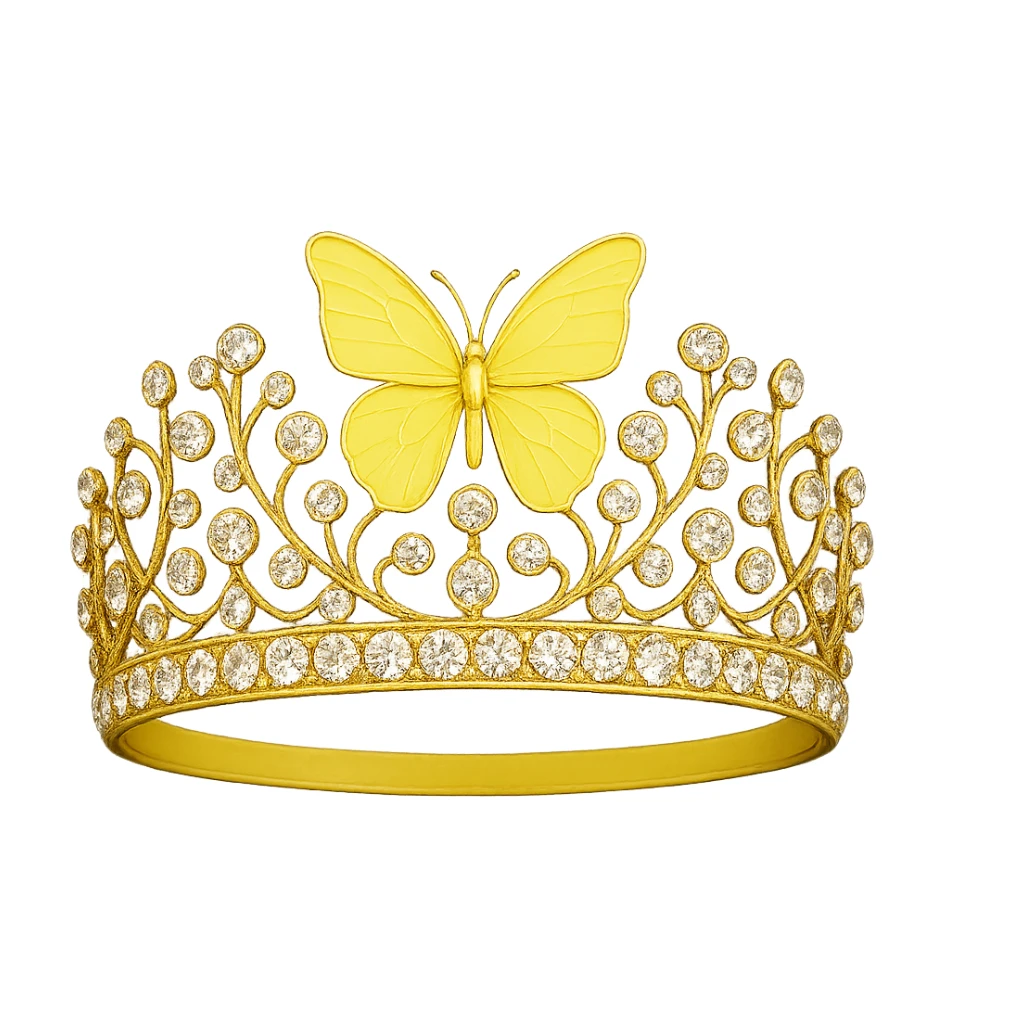 butterfly crown with a lemon yellow base, a single butterfly in pale or bright yellow enamel, sparkling gems sticker