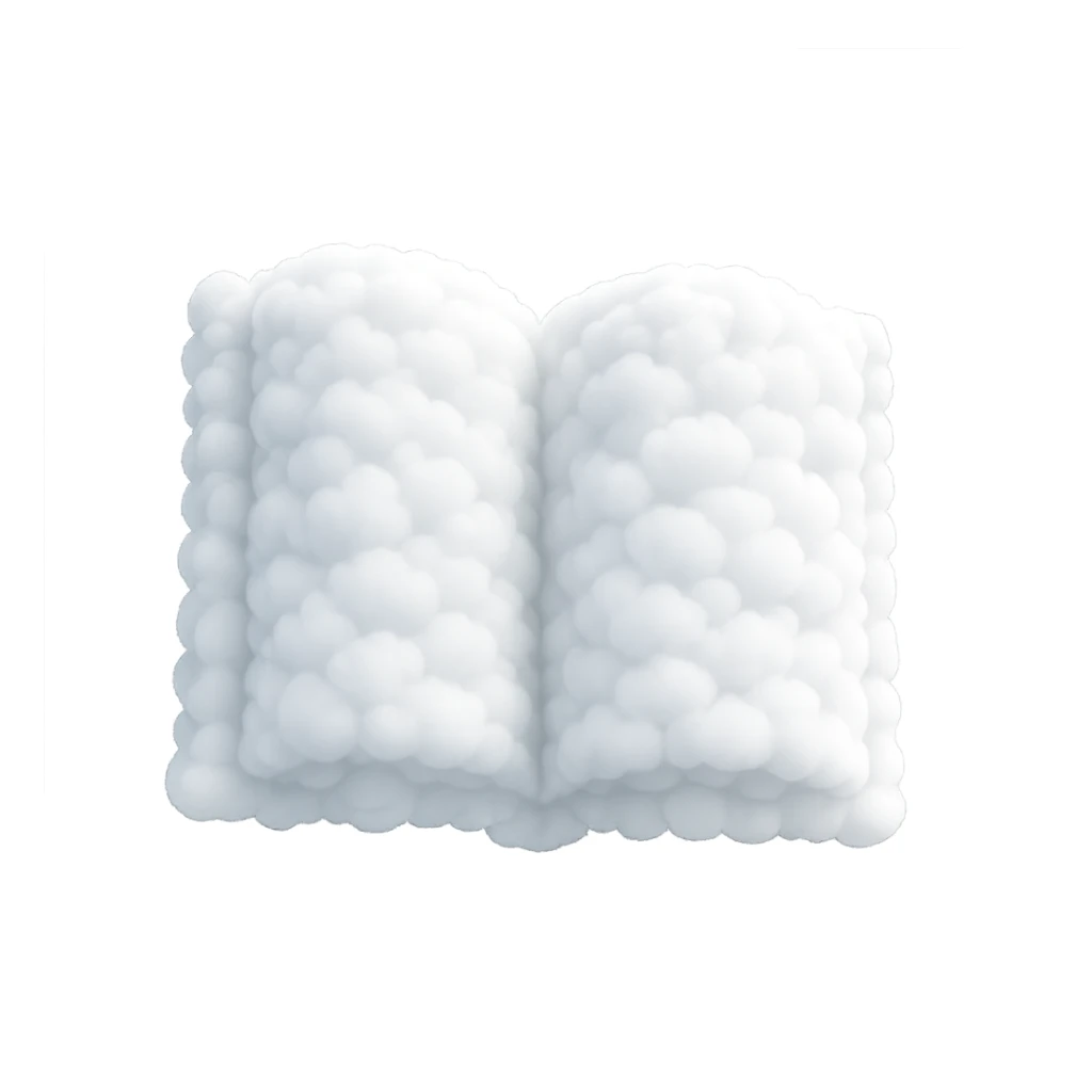 Transform the book in the image into a book made entirely of small, very bright white fluffy convex clouds, in matte glass style. sticker
